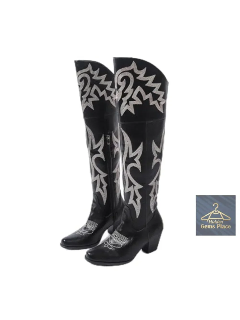 Over-the-Knee Western Cowboy Boots Square Toe PU Leather Embroidered Zipper
